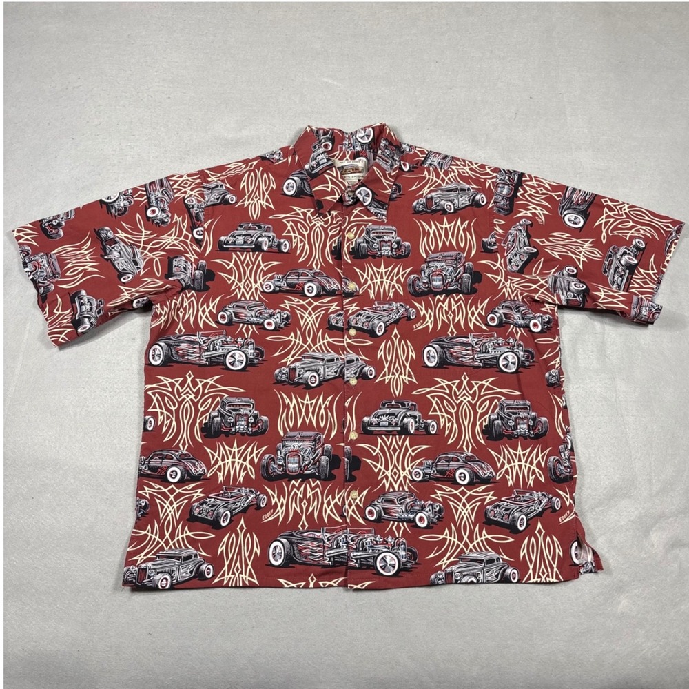 Reyn Spooner Art of Eddy Y Hot Rod Pinstripe Shirt Mens L Red Cotton Button Up